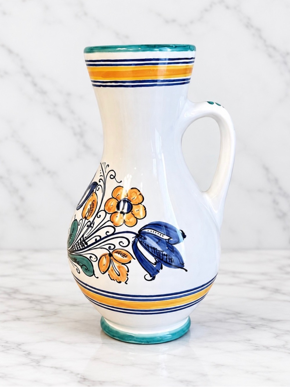 Terracotta Italian Hand Painted Floral Pottery Pitcher